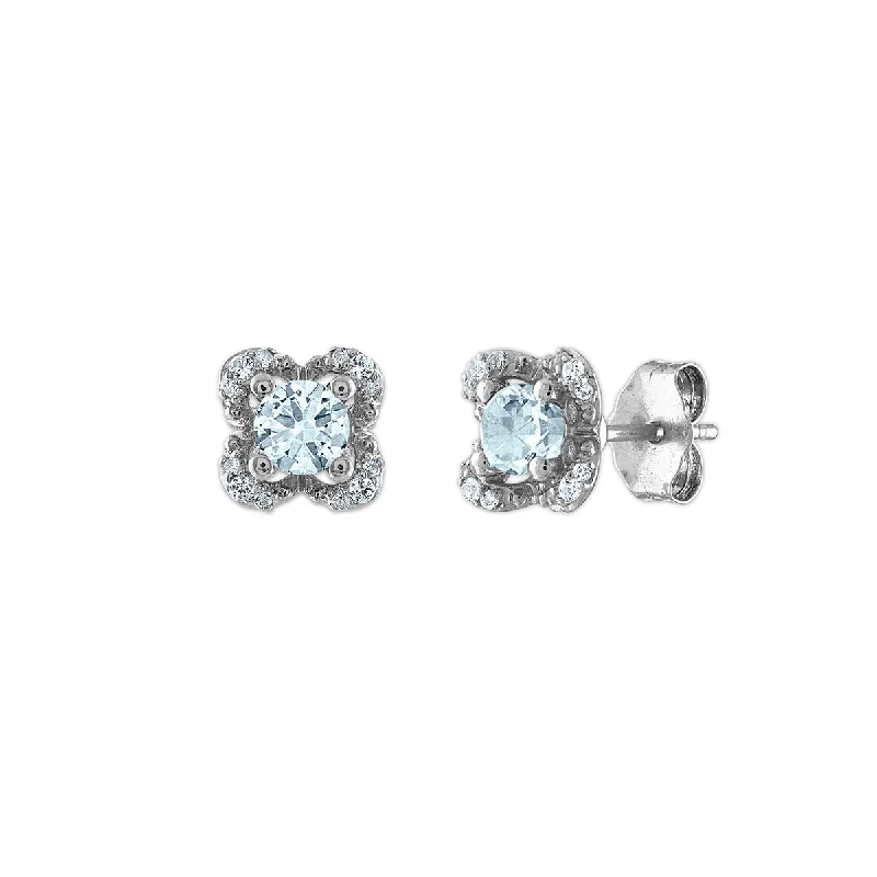 women anniversary earrings -4MM Round Aquamarine and White Sapphire Birthstone Flower Halo Earrings in Sterling Silver