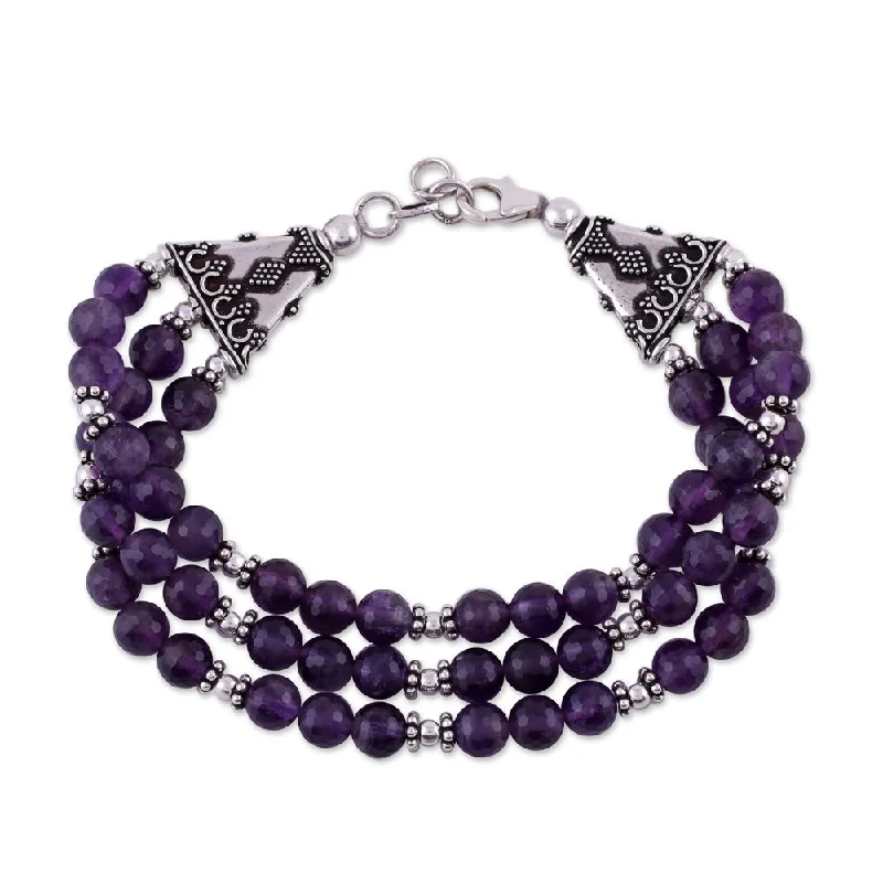 women stacked bracelet sets -Handmade Sterling Silver 'Wisdom's Fortune' Amethyst Bracelet (India)