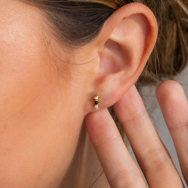 women gold hoop earrings -Tiny Onyx Pearl Bar Studs