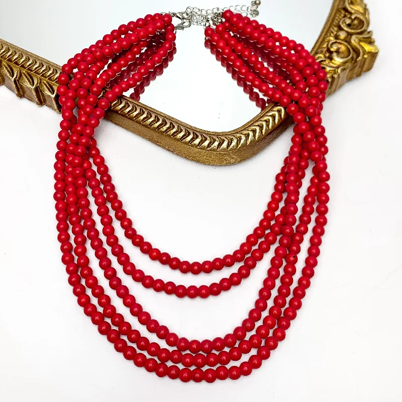 women delicate necklaces -Five Strand Red Beaded Necklace