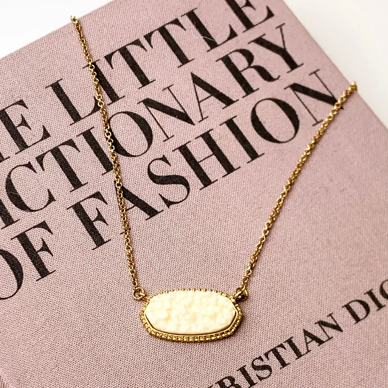 women gold bar necklaces -Short Gold Necklace with Ivory Druzy Stone