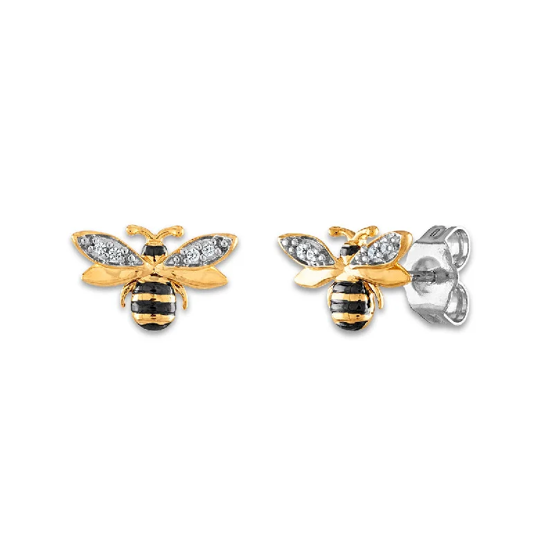 women fashion statement earrings -Diamond Accent Honey Bee Earrings in Gold Plated Sterling Silver