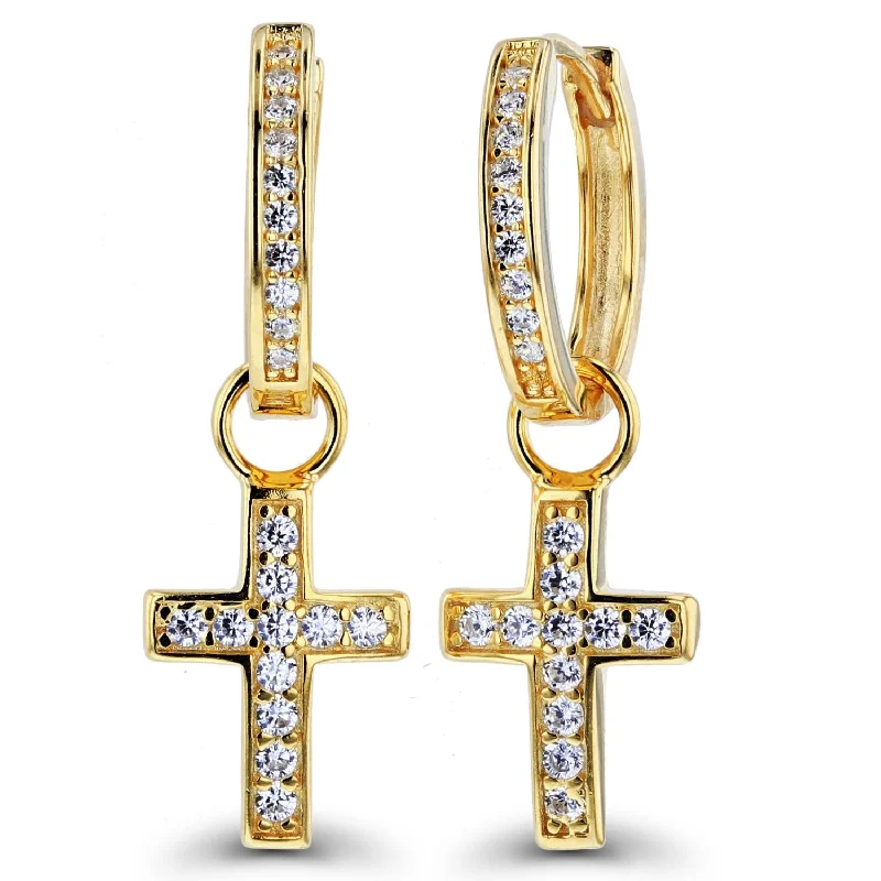 women fashion dangle earrings -Luxe Layers 14KT Yellow Gold Plated Sterling Silver Round Cubic Zirconia 9X30MM Cross Hoop Drop & Dangle Earrings