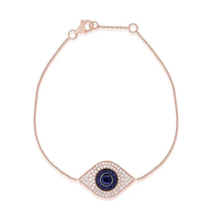 women engraved bracelets -Joelle Sapphire & Diamond Evil Eye Bracelet 14K Rose Gold