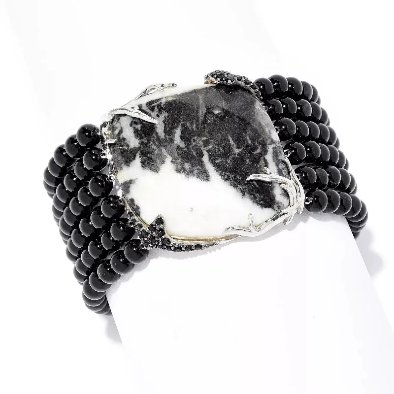 women bangle bracelets -Dallas Prince Sterling Silver Zebra Jasper, Onyx & Black Spinel Beaded Bracelet