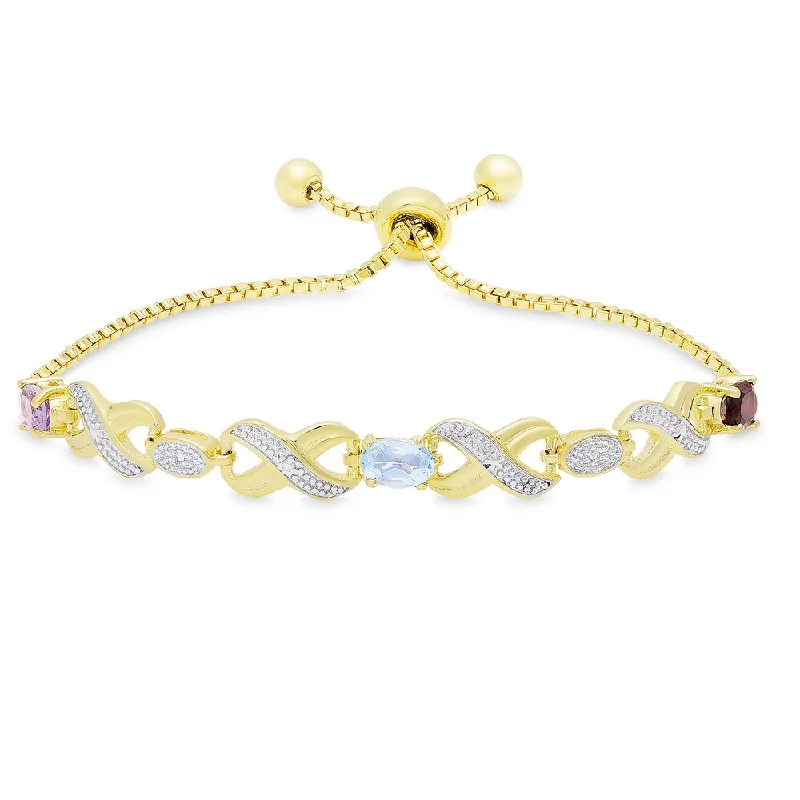 women birthstone bangles -Dolce Giavonna Gold Overlay Multi Gemstone and Diamond Accent Adjustable Slider 'XO' Design Bracelet