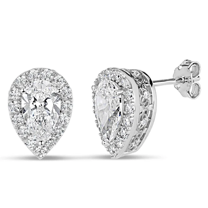 women diamond earrings -Sterling Silver 8X5MM Pear Cubic Zirconia Halo Earrings