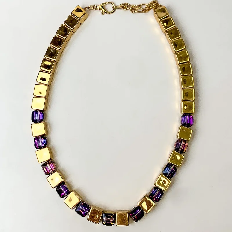 women heart-shaped necklaces -Fashionably Late Gold Tone Cubed Necklace in Purple