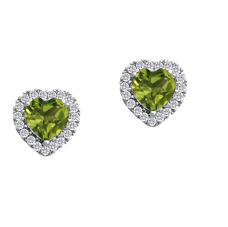 women statement gold earrings -5MM Heart Shape Peridot and White Sapphire Birthstone Halo Stud Earrings in 10KT White Gold