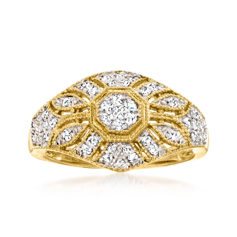 women romantic engagement rings -Ross-Simons Diamond Floral Milgrain Vintage-Inspired Ring in 18kt Gold Over Sterling