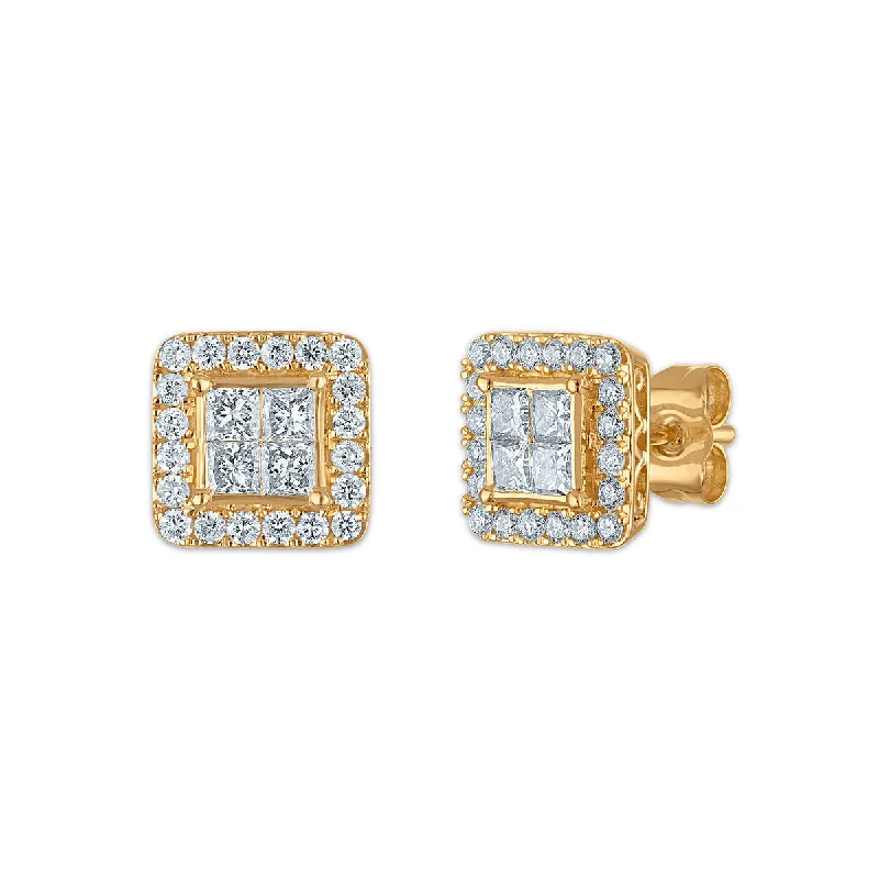 women stylish earrings -Red Hot Deal 1 CTW Princess Cut Lab Grown Diamond Halo Stud Earrings in 14KT Yellow Gold