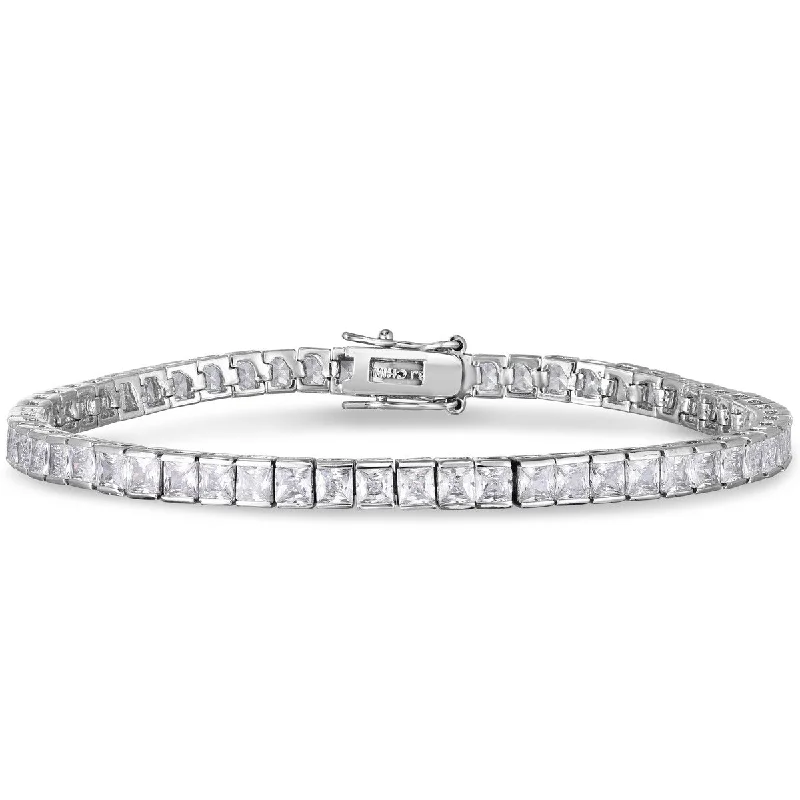 women adjustable bangles -Cubic Zirconia Square Link Line Silver Plated Bracelet