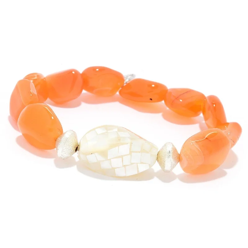 women silver bracelets -Dallas Prince Designs Orange Botswana Agate & Mother-of-Pearl Stretch Bracelet