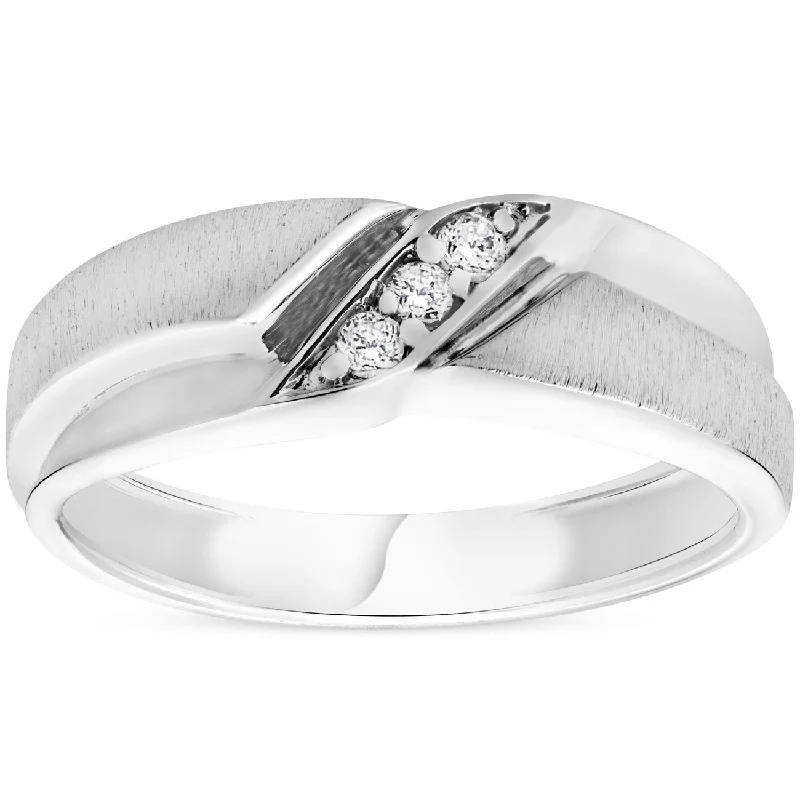 women engagement rings -Mens 1/10ct White Gold Diamond Ring Contour Brushed Three Stone Wedding Band