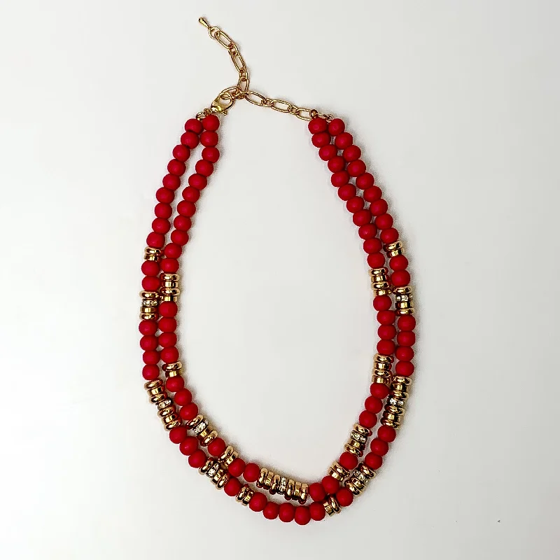 women handmade necklaces -Tropical Tango Layered Beaded Necklace with Gold Tone Spacers in Punch Red