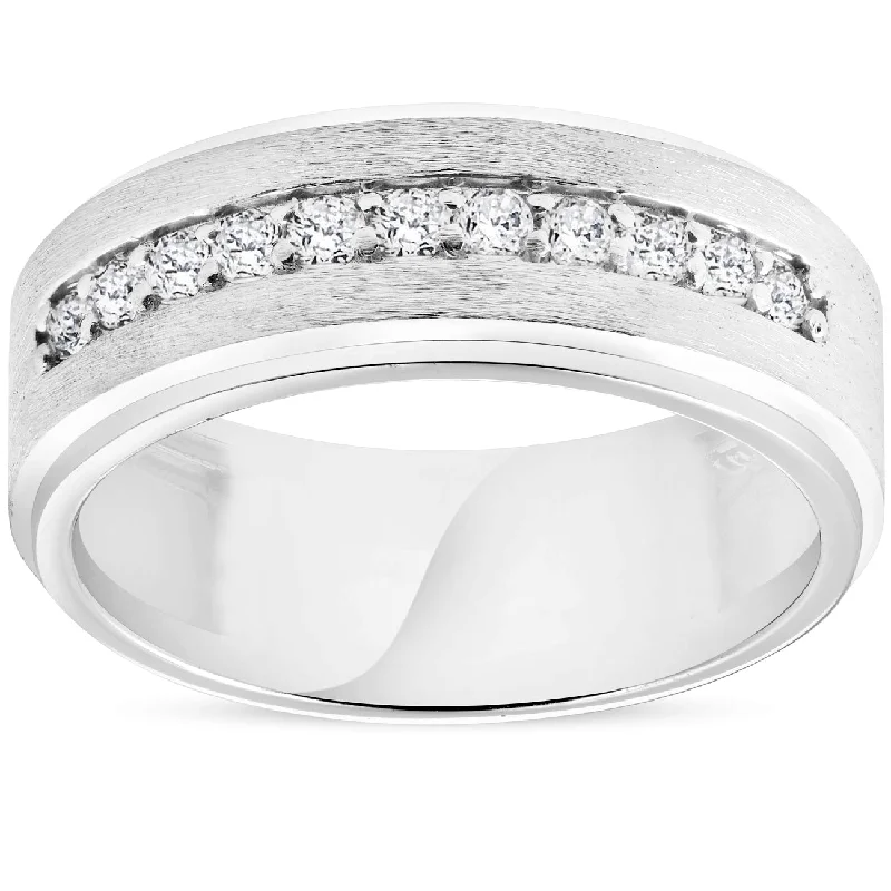 women elegant engagement rings -Mens 3/8ct White Gold Diamond 10k Brushed Wedding 8MM Anniversary Band