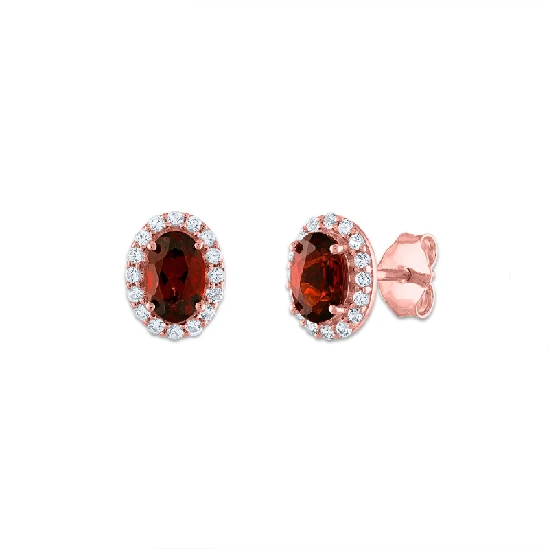 women trendy stud earrings -6X4MM Oval Garnet and Sapphire Birthstone Halo Stud Earrings in 10KT Rose Gold