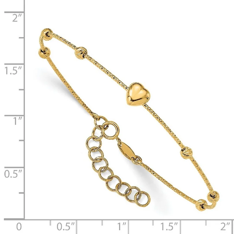 women bangles -Curata 14k Yellow Gold Sparkle-Cut Beads With Heart Flexible Bangle Bracelet