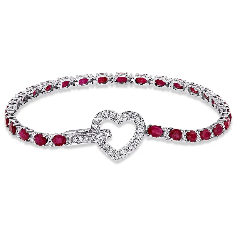 women chic bracelets -Miadora 18k White Gold Oval Ruby and 3/4ct TDW Diamond Heart Enhancer Tennis Bracelet