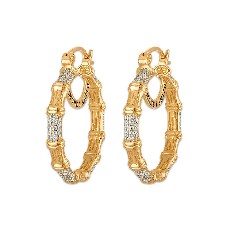 women boho earrings -Simone I Smith 40MM Crystal Bamboo Hoop in 18K Gold Plated Sterling Silver