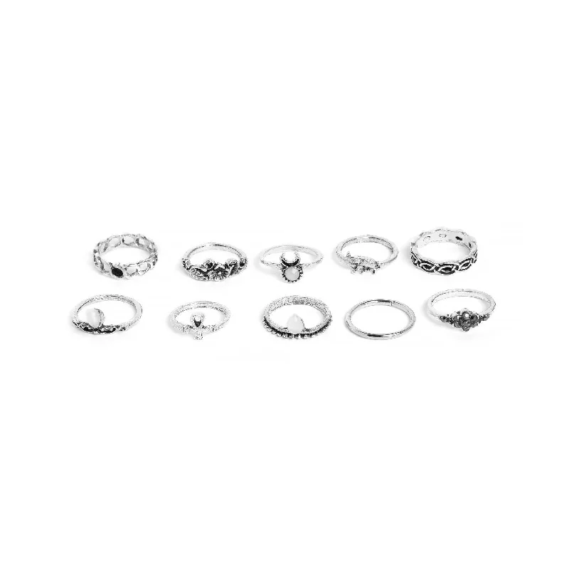 women sapphire and diamond engagement rings -Set Of 10 Oxidized Silver-toned  White Adjustable Finger Rings