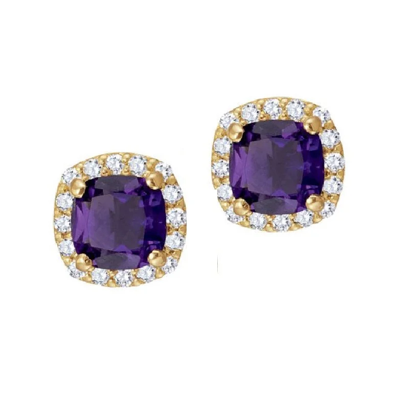 women modern earrings -5MM Cushion Amethyst and White Sapphire Birthstone Halo Stud Earrings in 10KT Yellow Gold