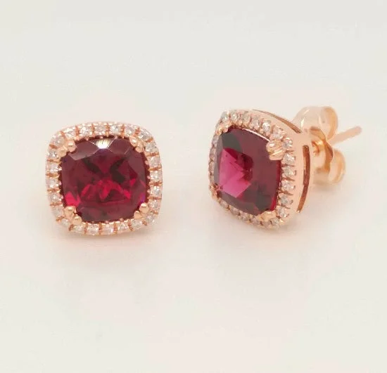 women personalized earrings -6MM Cushion Rhodolite Garnet and Diamond Halo Stud Earrings in 14KT Rose Gold