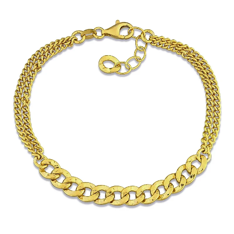 women contemporary bangles -Miadora Double Row Curb Hammered Link Bracelet Yellow Silver-7.5 in+1 ext