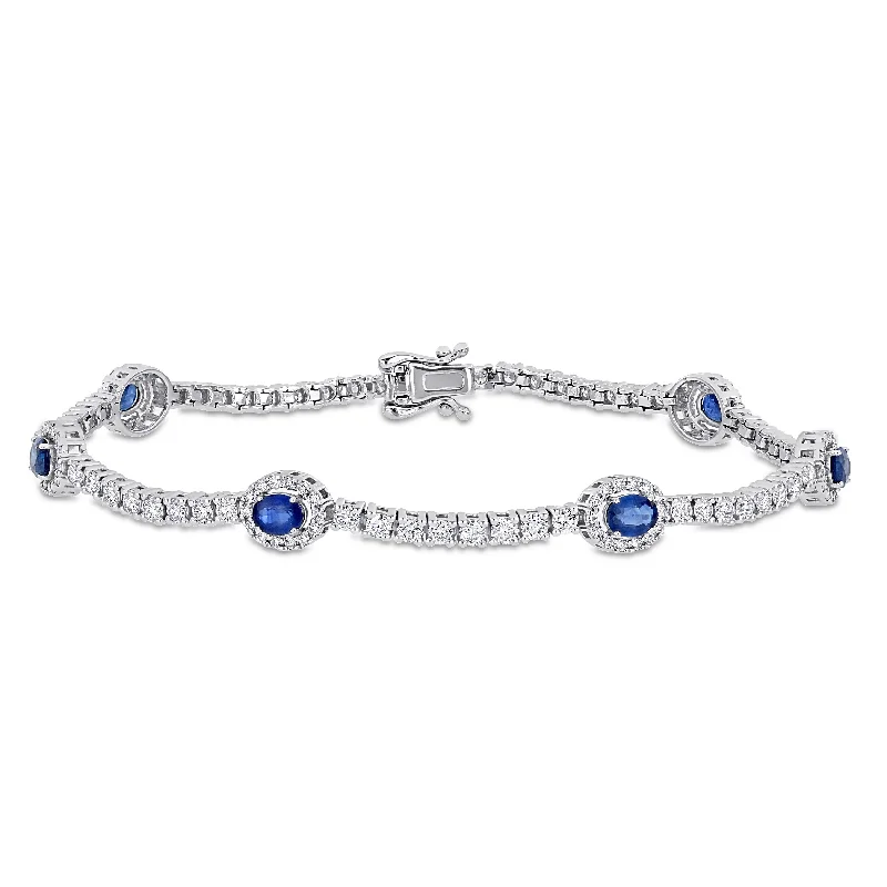 women vintage bangles -Miadora 14k White Gold 2 1/10ct TDW Diamond and Oval Sapphire Halo Station Tennis Bracelet