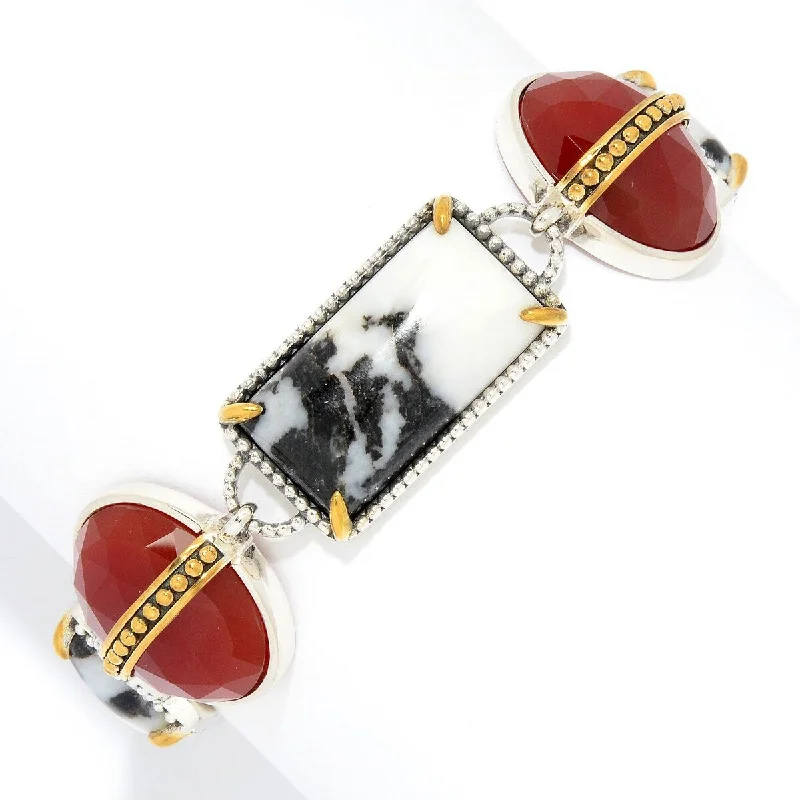 women adjustable bangles -925 Sterling Silver White Buffalo, Red Agate Adjustable Link Bracelet