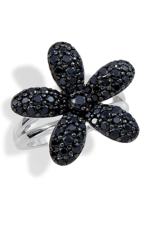 women custom engagement ring designs -Sterling Silver Black  Spinel Flower