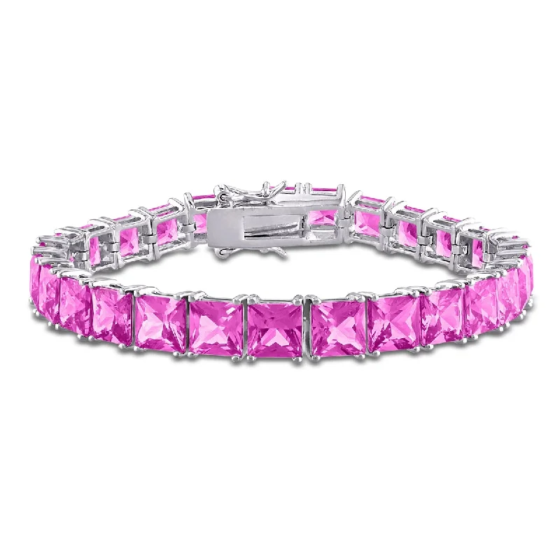 women sparkling bracelets -Miadora 34 3/4ct TGW Square-Cut Created Pink Sapphire Tennis Bracelet Sterling Silver