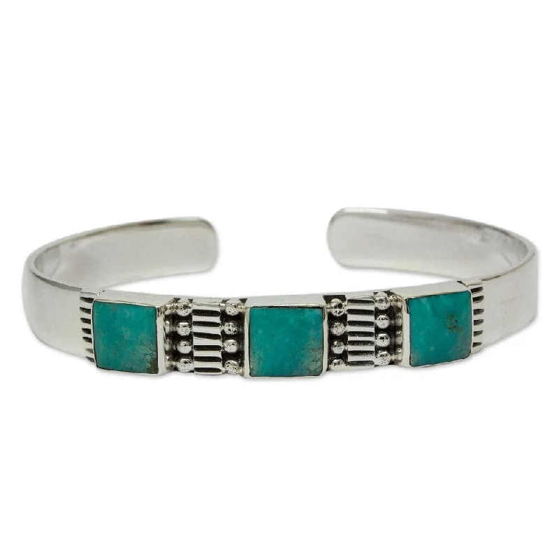 women bold bangles -Handmade Sterling Silver Aztec Crown Oxidized Finish Turquoise Cuff Bracelet (Mexico)