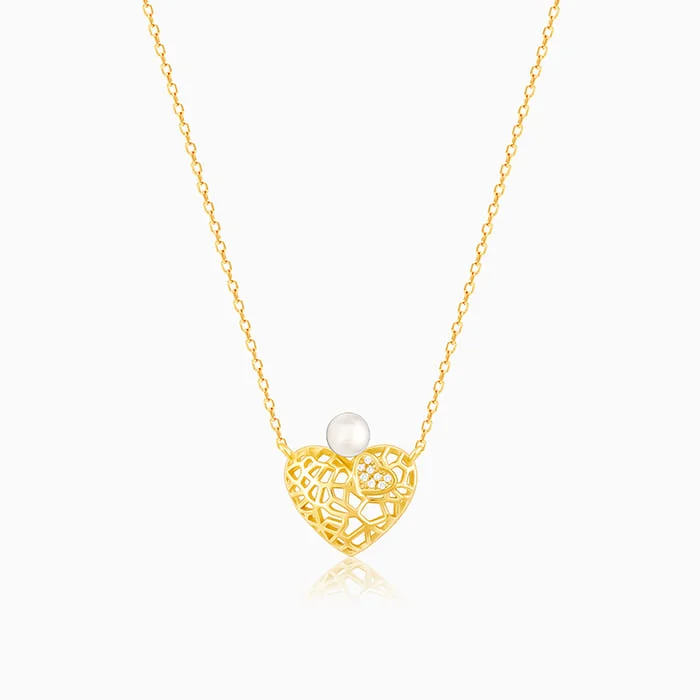 women affordable necklaces -Golden Filigree Pearl Heart Necklace