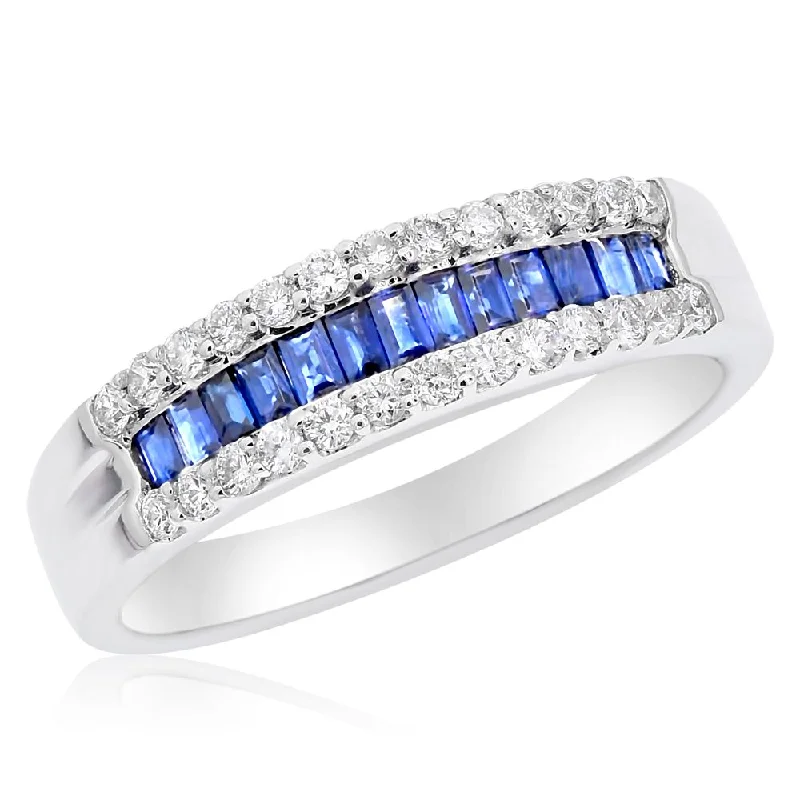 women wedding and engagement rings -18 KT WHITE GOLD THREE-ROW SAPPHIRE AND DIAMOND BAND FEATURES 0.44 CTS PRINCESS CUT SAPPHIRES AND 0.31 CTS WHITE ROUND DIAMONDS ON SIDES