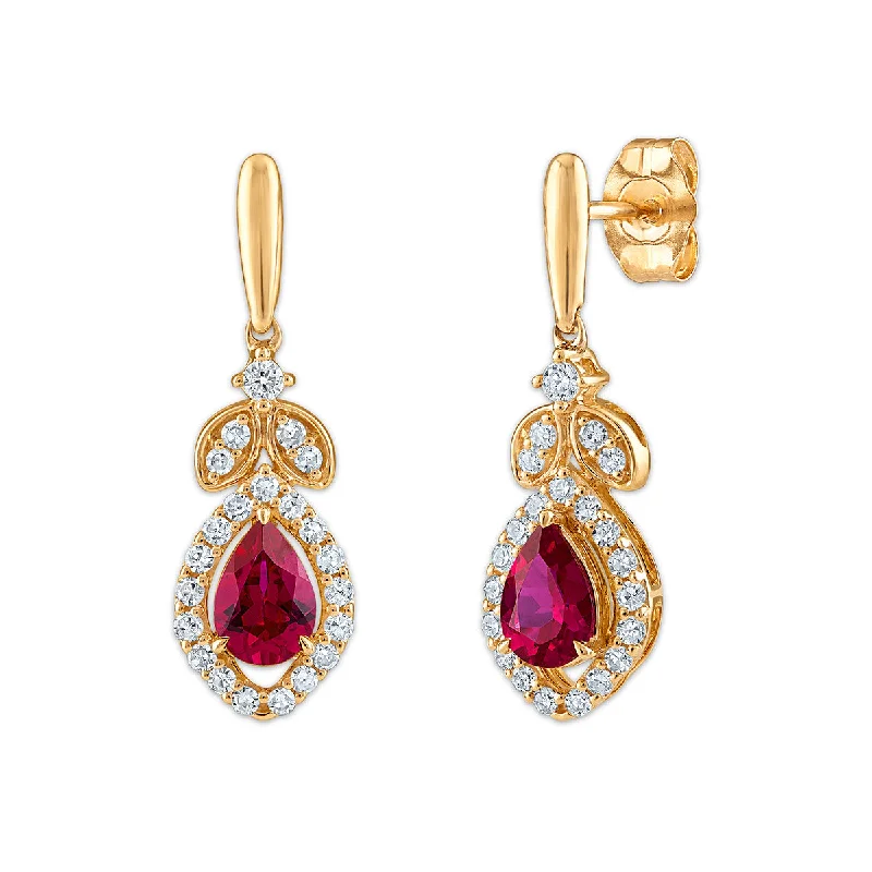 women drop earrings -LoveSong EcoLove Pear Ruby and Lab Grown Diamond Drop & Dangle Earrings in 10KT Yellow Gold