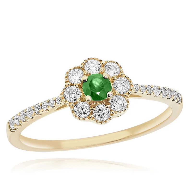 women engagement rings with diamonds -14KYG, DIAMONDS 0.39CT, EMERALD 0.13CT, 1.96GM, 25 STONES