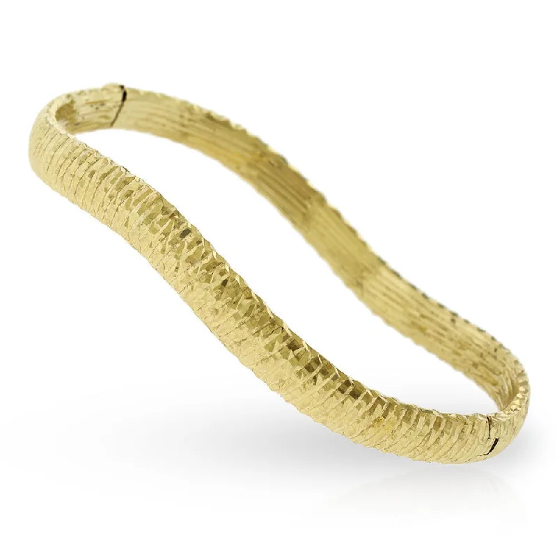 women designer bracelets -Women's 10k Yellow Gold 7-inch Fancy Wavy Diamond Cut Hammered Bangle Bracelet