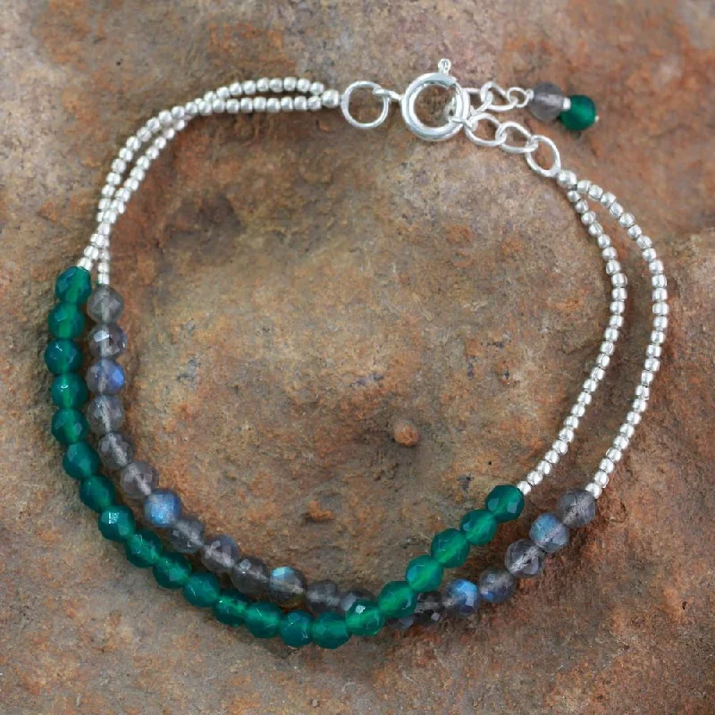 women leather bracelets -Handmade Sterling Silver 'In Peace' Labradorite Onyx Bracelet (India)