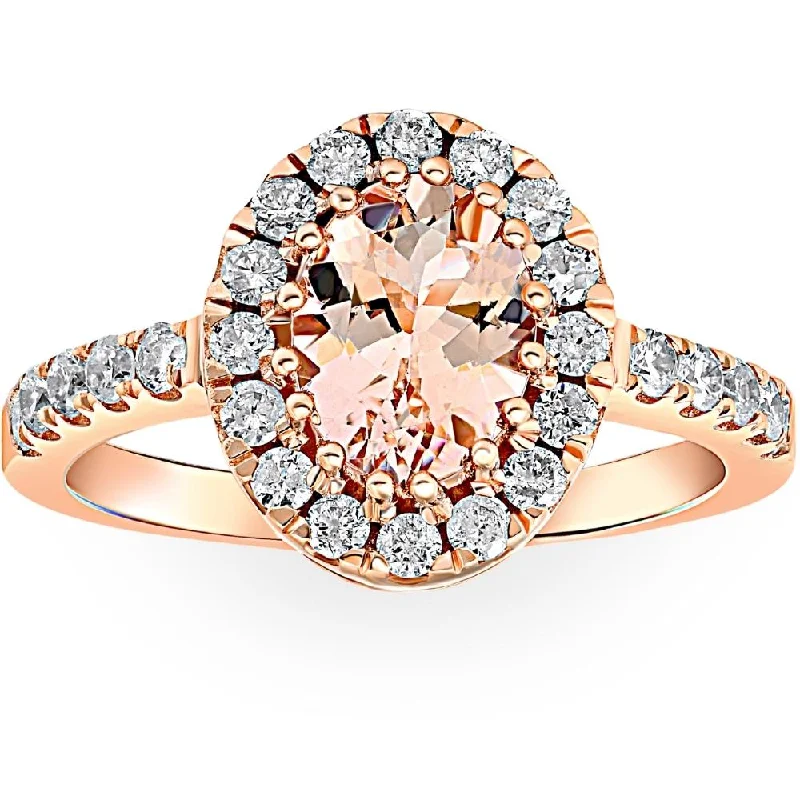 women personalized engagement rings -1 1/2 CT Oval Morganite & Diamond Halo Ring 14K Rose Gold