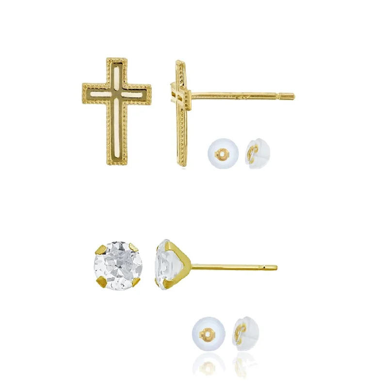 women trendy earrings -14KT Yellow Gold 6MM Round Cubic Zirconia Cross Stud 2-Pair Earrings