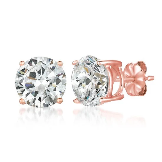 women sparkling gold earrings -Crislu 18KT Rose Gold Plated Sterling Silver Round Cubic Zirconia Solitaire Stud Earrings