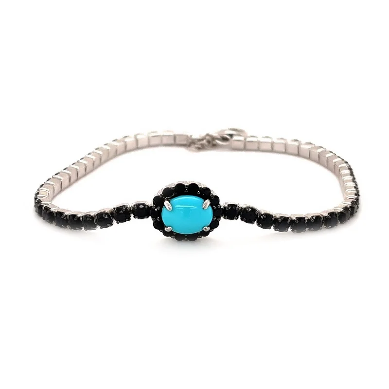 women minimalist bracelets -925 Sterling Silver Sleeping Beauty Turquoise and Black Spinel Bracelet