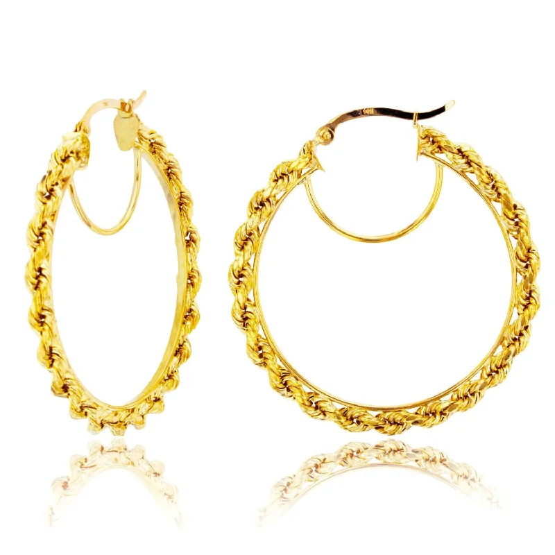 women luxury diamond earrings -10KT Yellow Gold 38X3MM Hoop Rope Design Earrings