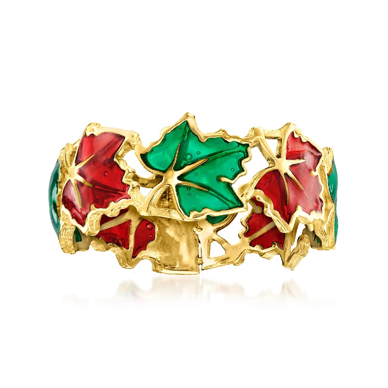 women engagement rings with diamonds -Ross-Simons Italian Red and Green Enamel Leaf Ring in 14kt Yellow Gold