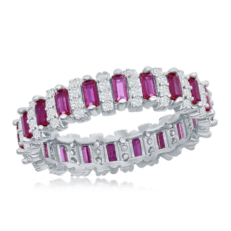 women gemstone engagement rings -Sterling Silver Round & Baguette Eternity Band Ring - Simulated Ruby