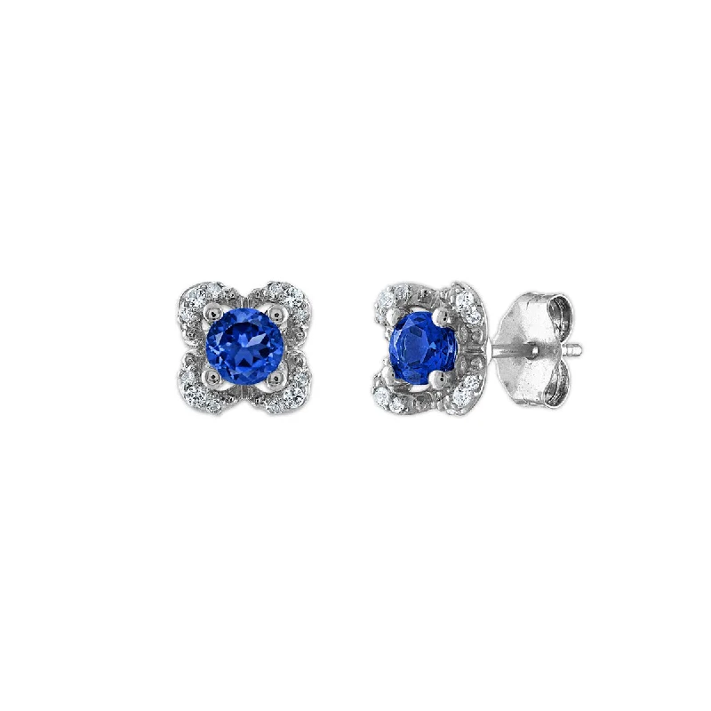 women gold hoop earrings -4MM Round Sapphire and White Sapphire Birthstone Flower Halo Earrings in Sterling Silver