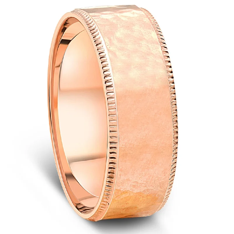 women creative engagement rings -Hammered 14K Rose Gold 7mm Wedding Mens Band