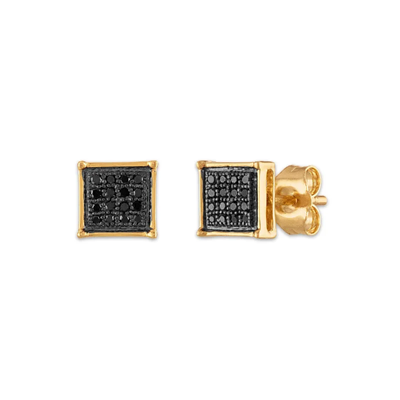 women stylish earrings -1/10 CTW Diamond Cluster Stud Treated Black Earrings in 10KT Yellow Gold