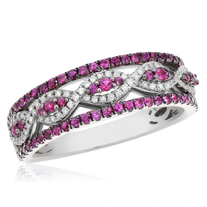 women rose gold engagement rings -14KT WHITE GOLD RUBY RING FEATURES 0.56CT OF RUBIES AND 0.15CT OF DIAMONDS